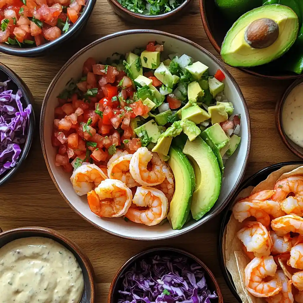 Toppings for spicy shrimp tacos displayed in bowls