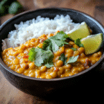 Vegan red lentil curry with rice and garnishes