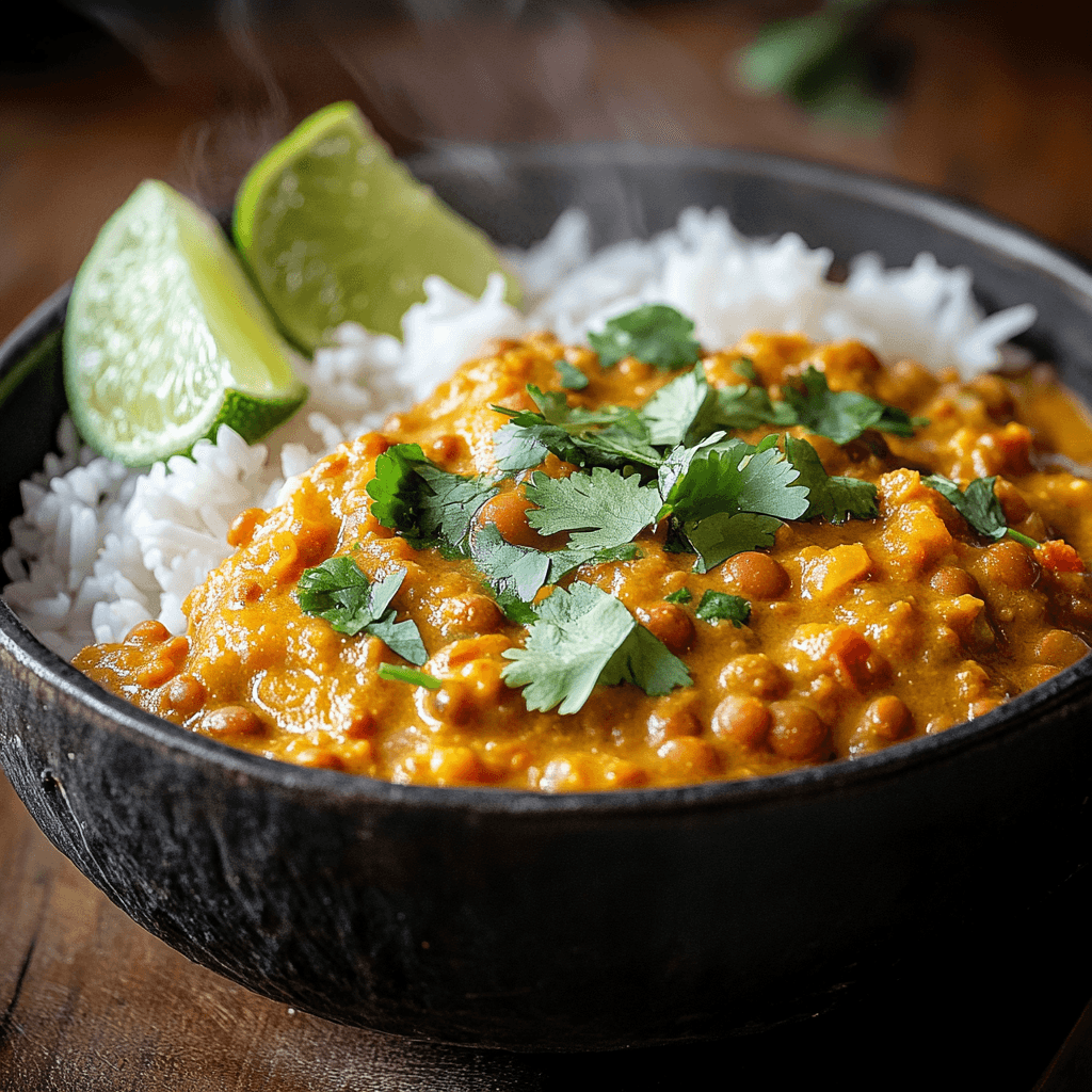 Vegan red lentil curry with rice and garnishes