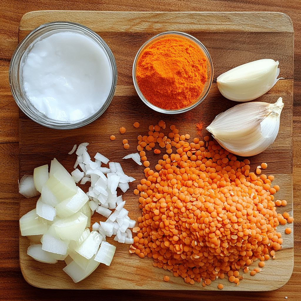 Vegan red lentil curry ingredients arranged on board