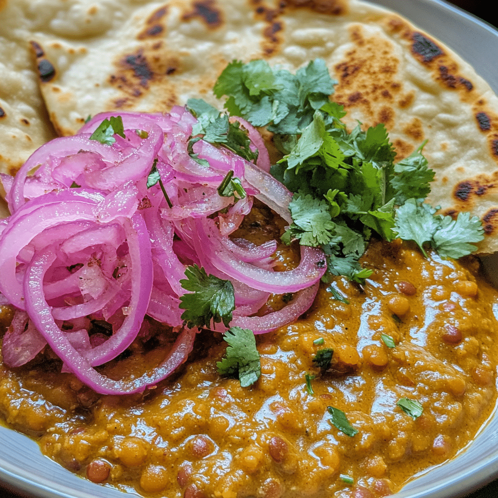 Vegan red lentil curry served with naan and garnishes