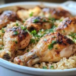 baked chicken drumsticks and rice in a rustic baking dish