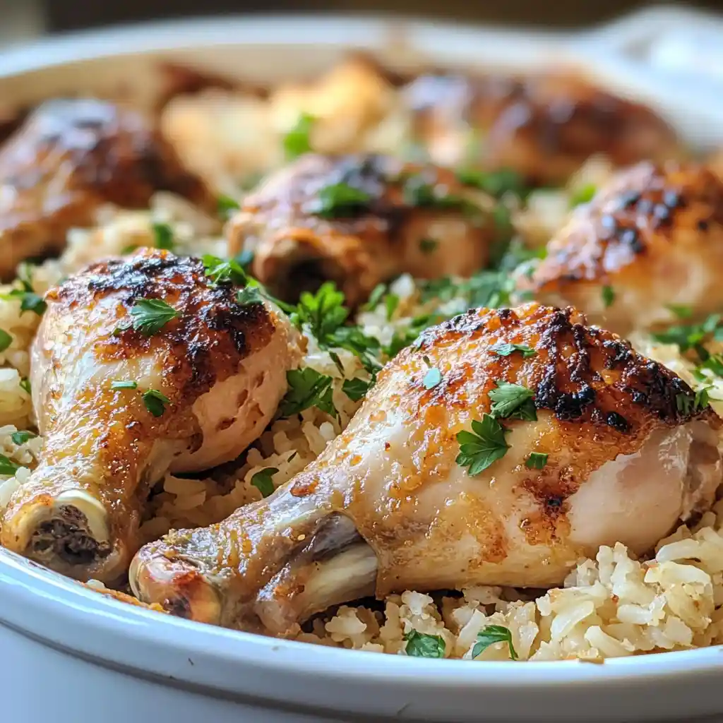 baked chicken drumsticks and rice in a rustic baking dish