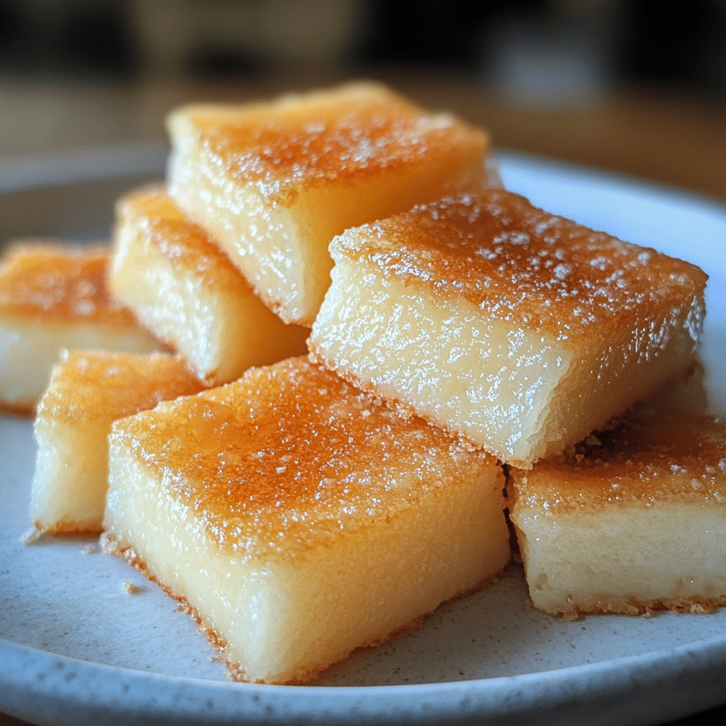 Soft chewy butter mochi squares on a white plate