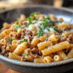 Savoury mince pasta served in a rustic bowl with Parmesan and parsley